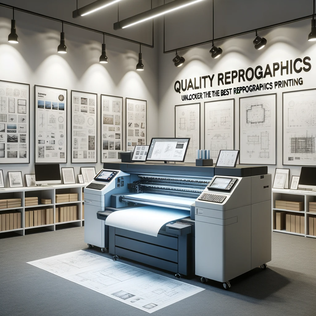 State-of-the-art reprographics printing equipment in a well-lit studio showcasing detailed architectural blueprints and designs on the walls.
