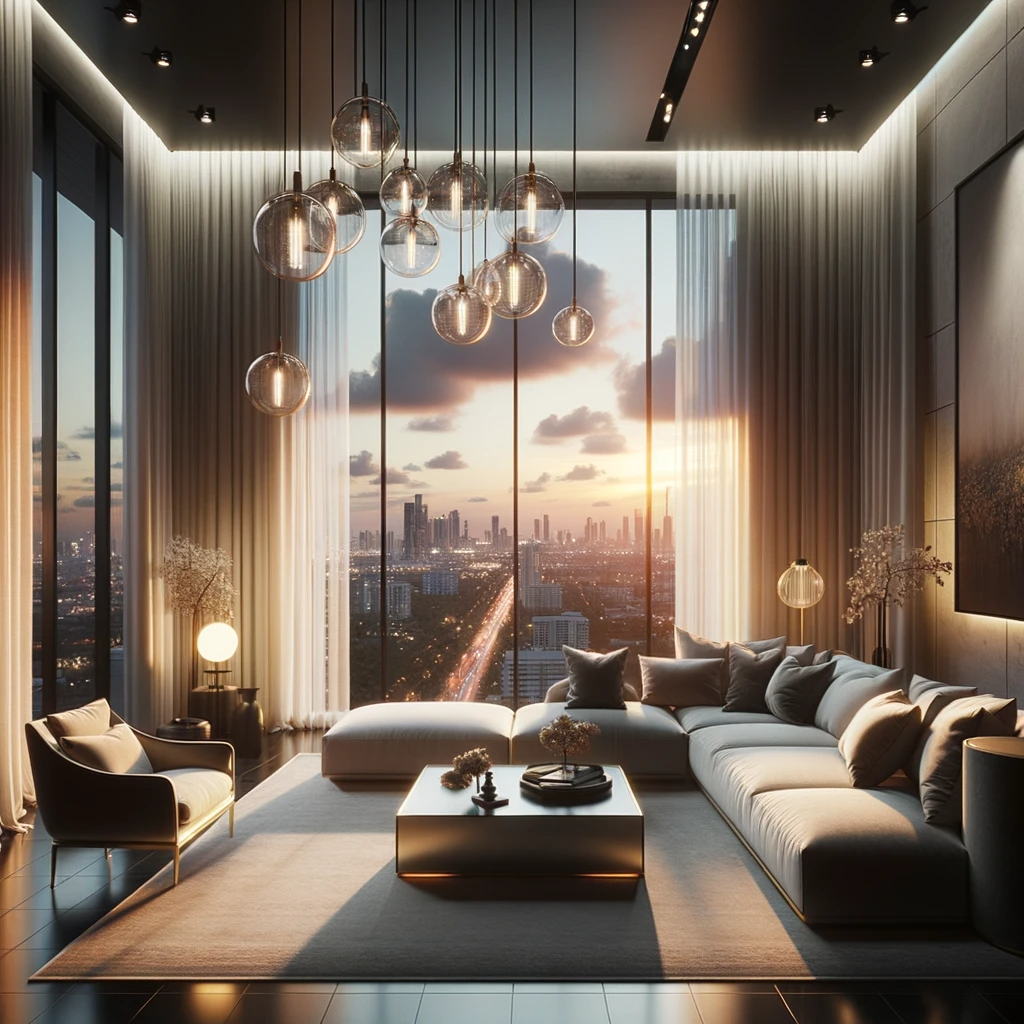 Elegant living area illuminated by Newman windows, offering a panoramic view of a cityscape during sunset.