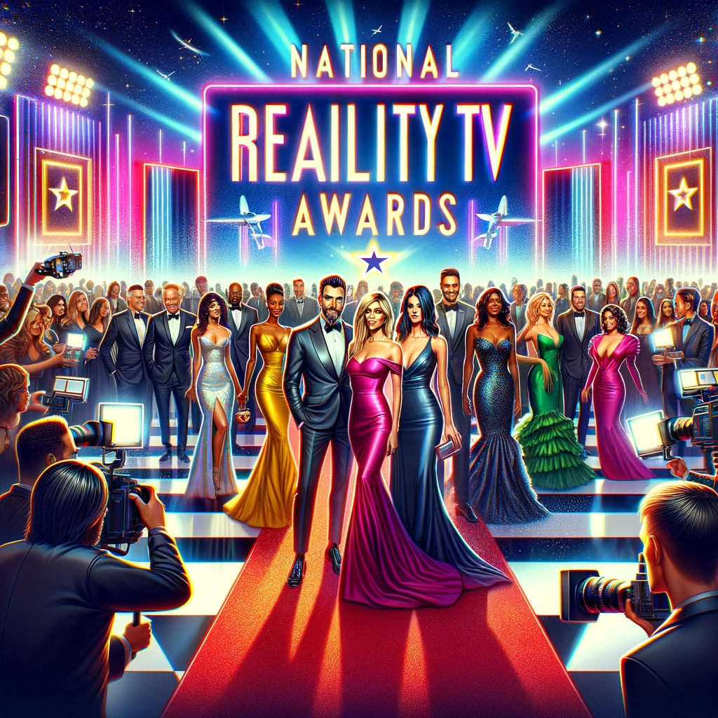 An image capturing the vibrant atmosphere of the National Reality TV Awards, with celebrities and reality TV stars on the red carpet, surrounded by flashing cameras and an enthusiastic crowd, under a backdrop featuring the awards' logo.