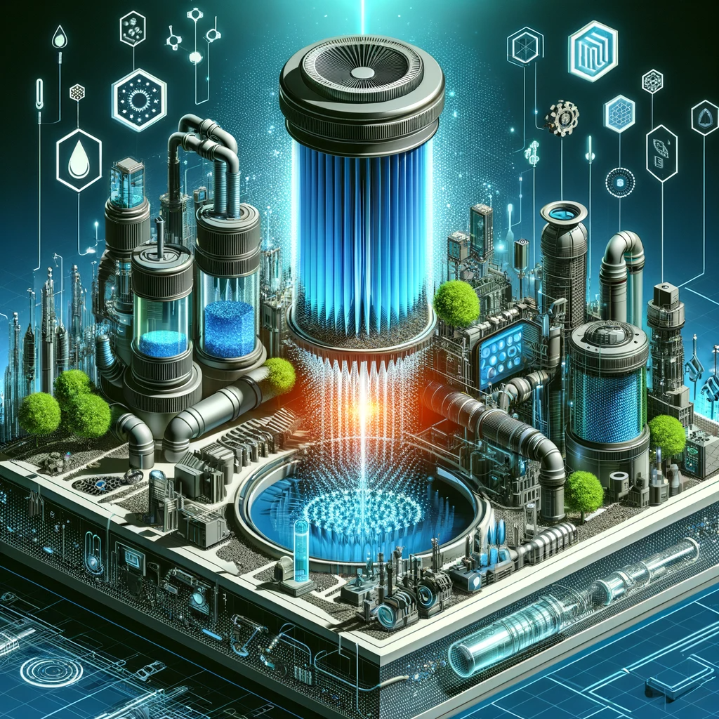 Advanced illustration of futuristic leach field technology featuring high-tech filtration systems, smart sensors, and sustainable materials.