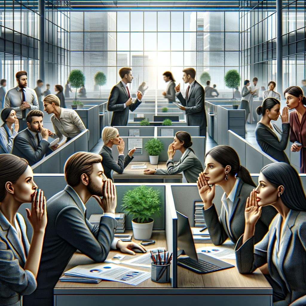 Concerned employees in hushed discussions in a sleek office environment, symbolizing layoff gossip.